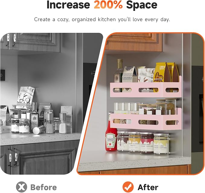 4-Pack Magnetic Spice Rack for Refrigerator with Hooks, Pink | Strong multipurpose magnetic shelf for kitchen & bathroom organization. Includes 4 removable hooks for hanging items.