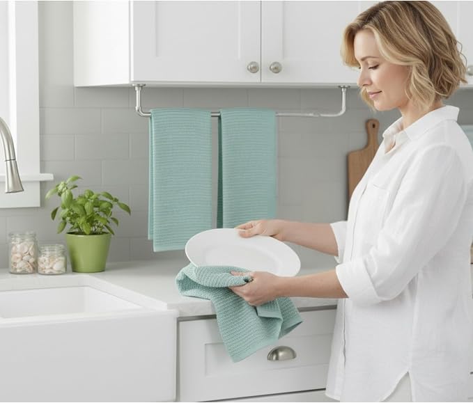 Seafoam Sage Aqua Green Kitchen Dish Towels, 3 PC, 100% Cotton, 18" x 28" | Terry Loop Ribbed Textured, Soft & Absorbent Cleaning Cloth, Quick Dry, Multipurpose for Everyday Use