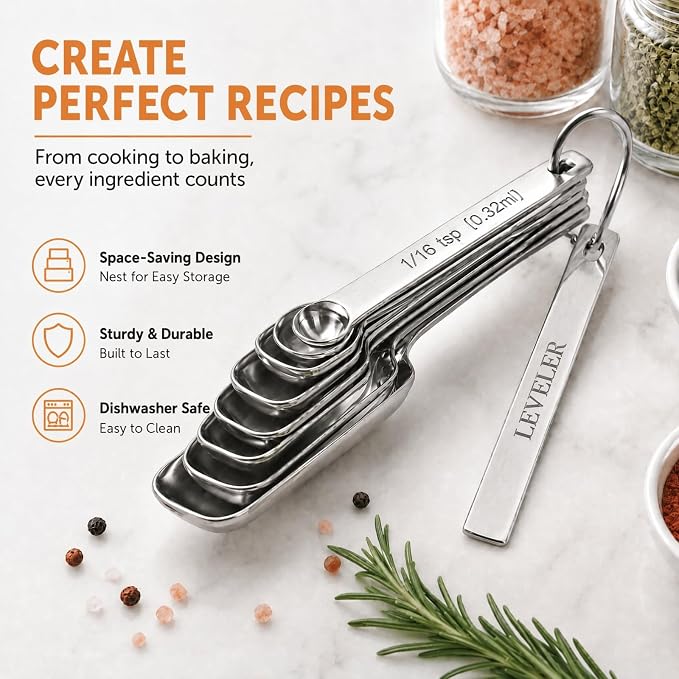 Stainless Steel Measuring Spoons Set of 13, Includes 7 Rectangular Measuring Spoons, 1 Leveler & 5 Tiny Spoons, Compact Spoons Design for Spice Jars, Ideal for Dry and Liquid Ingredients