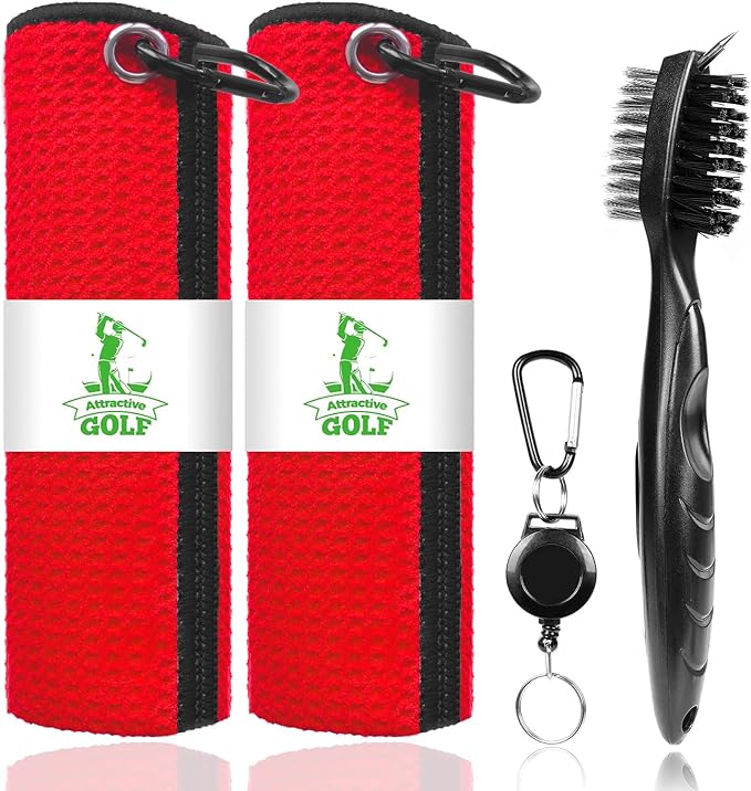 2 Pack Golf Towels with Club Brush, Microfiber Waffle Cleaning Set | Waffle pattern microfiber for strong water absorption, cleans clubs & balls, 2 towels + 1 brush, ideal for golfers