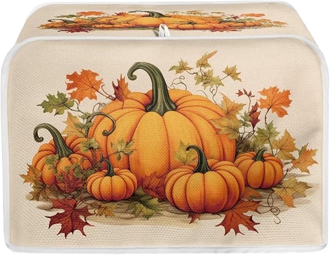 2 Slice Bread Toaster Cover for Thanksgiving, Fall Leaves Pumpkin Print Bakeware Protector Kitchen Accessories Appliance Dust Cover Kitchen Festival Decor Toaster Oven Covers