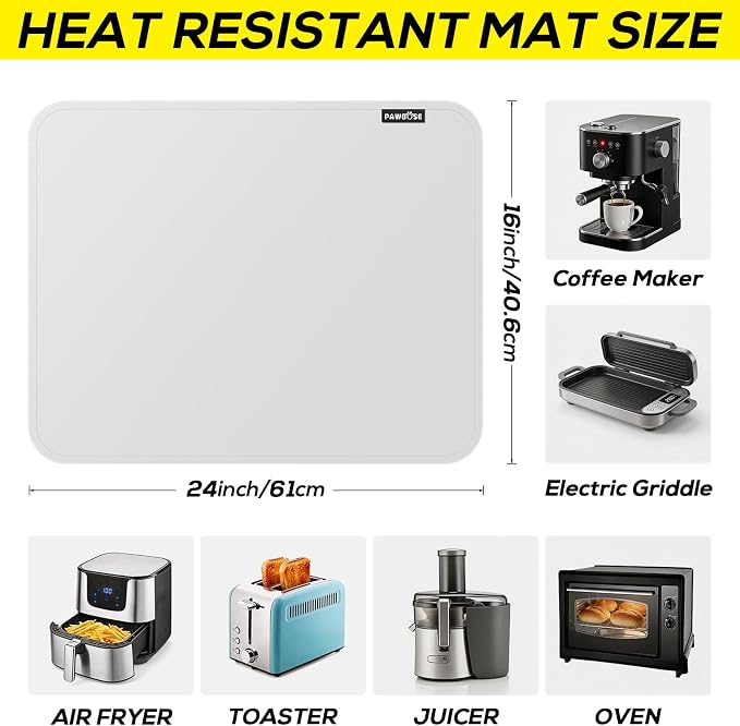 PAWBOSE Heat Resistant Mats for Countertops 16x24 Inch - 2PCS Fireproof Air Fryer Mat, Hot Pad for Ninja, COSORI, Cuisinart, Toaster, Oven & Small Kitchen Appliances - White
