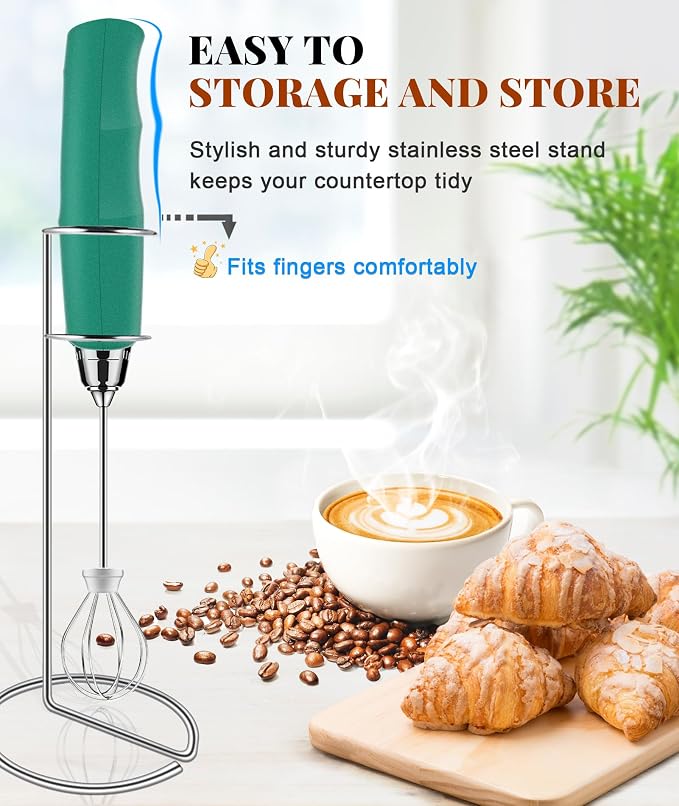 YUSWKO Handheld Milk Frother Wand for Coffee, Rechargeable Electric Whisk with 3 Heads 3 Speeds Drink Mixer Coffee Frother For Latte, Cappuccino, Hot Chocolate, Egg, Green with Holder