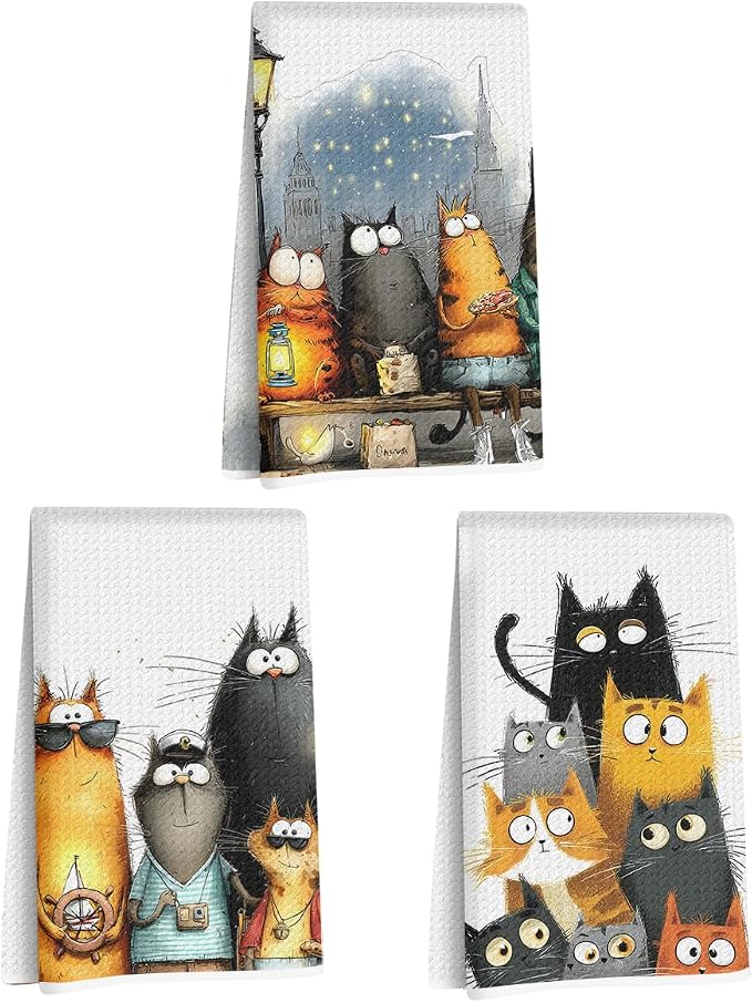 3 Pcs Cute Cat Kitchen Towels, Funny Cats Gifts Absorbent Hand Towels-04 | Cat Dish Cloths for Drying Dishes, Cats Waffle Dish Towels for Kitchen Home Bathroom Decor, Cat Lover Gifts for Women Mom