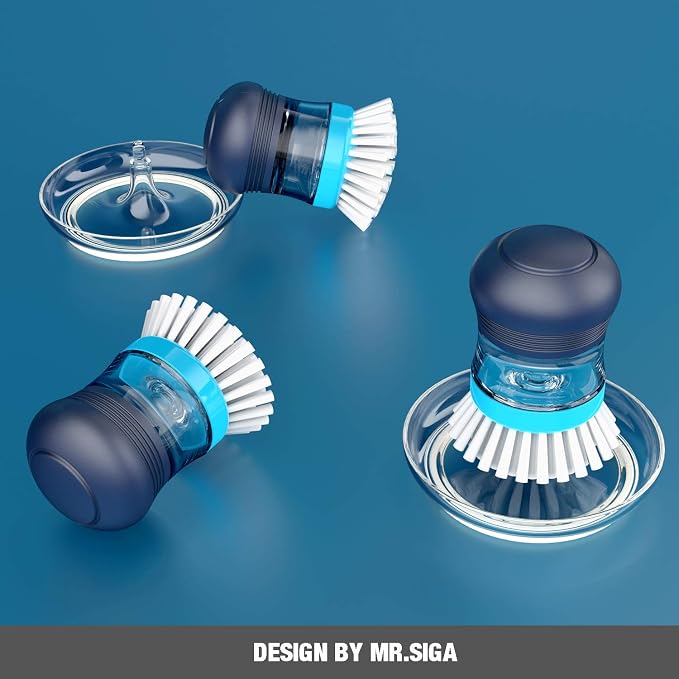 MR.SIGA Soap Dispensing Palm Brush Storage Set, 1 Pack, Navy/Blue | Dish brush with soap dispenser, palm scrubber, palm scrub brush, ideal for kitchen and dishes cleaning