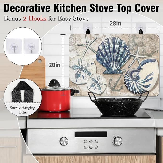 Nautical Stove Top Cover for Electric Stoves,Spring Summer Ocean Seashell Beach Stove Top Cover for Kitchen Decor,Heat Resistant Cooktop Protector Mat,Non-Slip Washable Dish Drying Mat 28"x20"