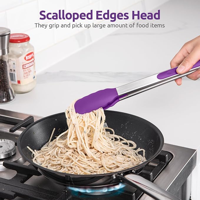 U-Taste Kitchen Tongs for Cooking, 600ºF Heat-Resistant Tps, 2Pcs/Purple | Silicone Tong Set 9/12in, Salad/Grill/BBQ Plastic Tong for Food Serving, Rubber Tipped Tong with 18/8 Stainless Steel Handle