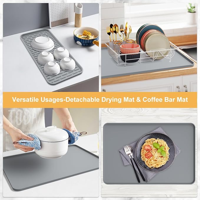 Silicone Coffee Mat, 24'' x 16'' Bar Mat with Detachable Dish Drying Mat for Countertops, Fits Under Coffee Maker, Machine, Espresso Machine, Dish Rack