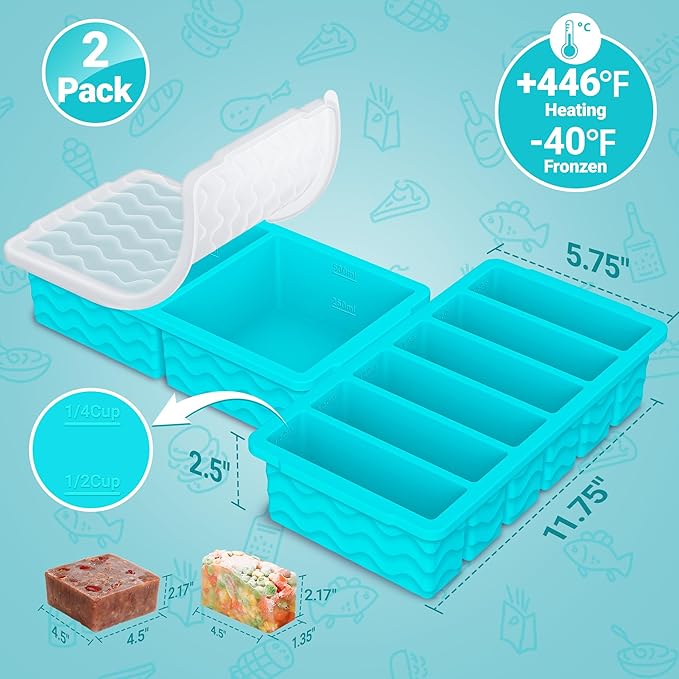 4-Pack Silicone Freezer Trays with Lid, Soup Freezer Container Molds | Large 2-Cup(500ml), Small 1/2-Cup (125ml), BPA Free, Freezer Tray for Soup, Stews, Sauces, Meal Prep, Broth, Leftovers
