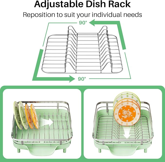 SAYZH Expandable Dish Drying Rack for Small Kitchen Counter, Green | Stainless Steel, Protective Guardrail, Angled Drainboard, Fits High-Rim Sinks, Removable Utensil Holder