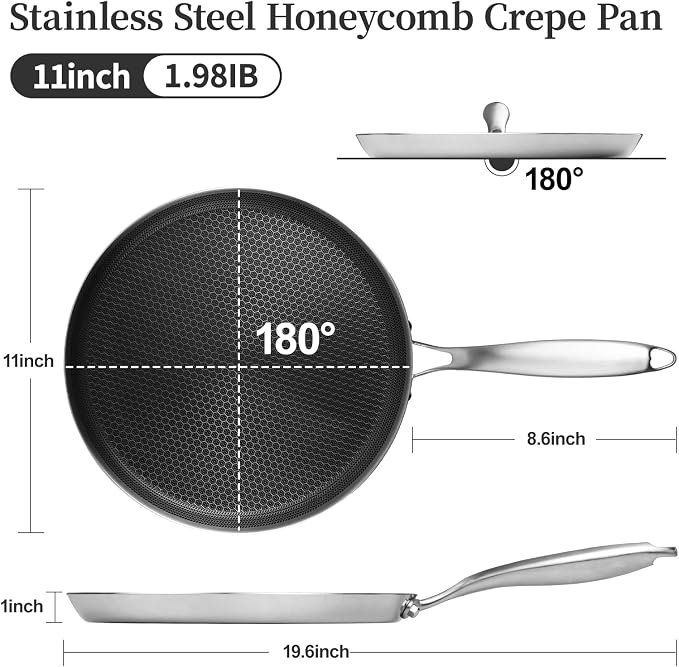 Innerwell 11 Inch Nonstick Crepe Pan, Stainless Steel Pancake Pan-Silver | Honeycomb coating, PFOA-free.Compatible with All Stoves,Stay-Cool Handles.Oven Safe&Dishwasher Safe