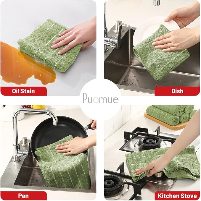 Puomue Microfiber Kitchen Towels and Dishcloths Set, 26 x 18 Inch and 12 x 12 Inch, Set of 12 Bulk Lint Free Dish Towels for Drying Dishes, Olive Green