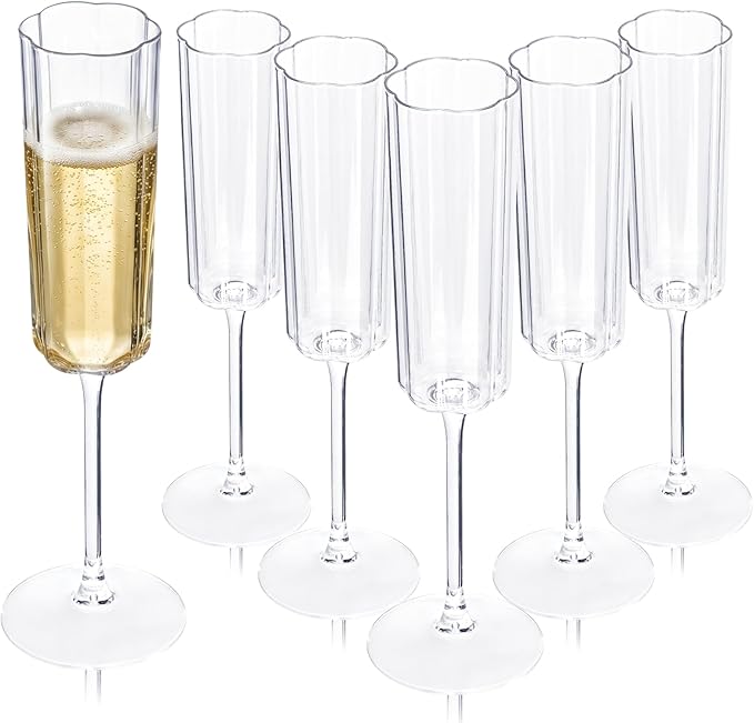 Ciaell 24 Pack Plastic Champagne Flutes for Weddings Birthdays | 6 oz Vintage Flower Wavy Toasting Cups, Heavy Duty Plastic, Champagne Wine Mimosas Beverages for Parties Outdoor