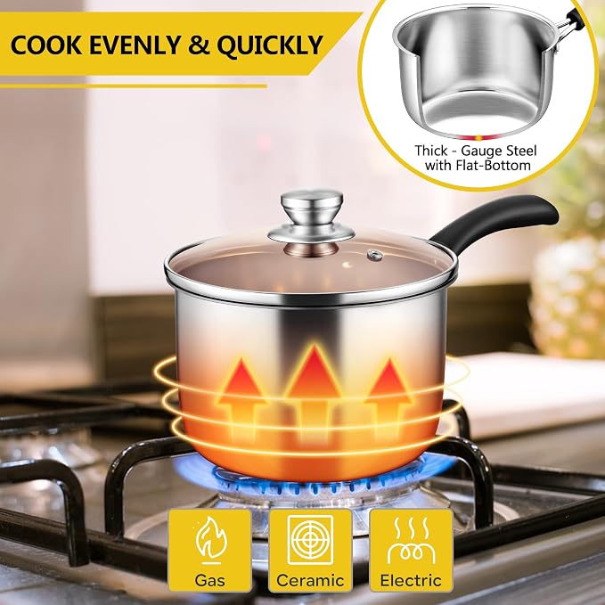 E-far 3 Quart Saucepan with Lid, Stainless Steel Sauce Pan with Heat-Proof Handles, Small Pot for Home Kitchen Restaurant Cooking, Dishwasher Safe