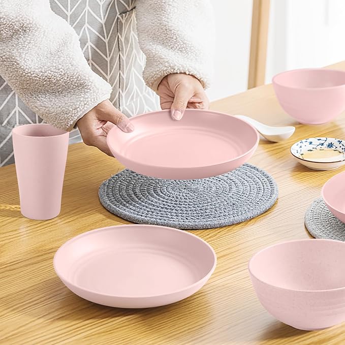 Teivio 32-Piece Plates and Bowls Sets for 8, Pink Kitchen Dinnerware Sets | 13.5oz Cups, Plastic Wheat Straw Unbreakable Dish Set, Dishwasher Safe, for Outdoor Camping RV Apartment Essentials Plate Set