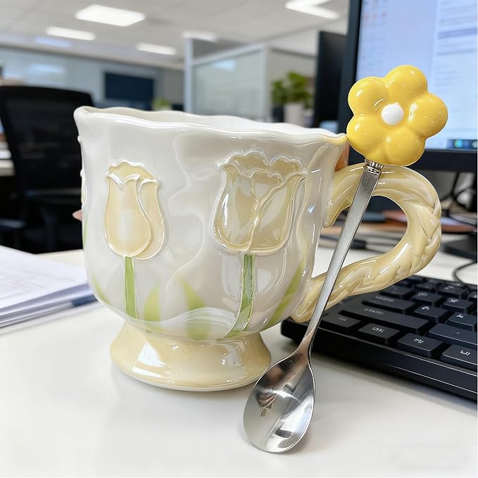 DTIUYIOP-Ceramic Coffee Mug 14oz/410ml Yellow Cute Flower with Spoon | novelty coffee mug, Tulip Shaped Floral,Girly Mug with Handle, Breakfast Milk Oatmeal Cup, cute mugs for women