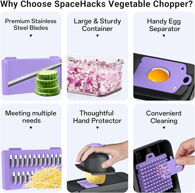 15-in-1 Vegetable Chopper with 10 Blades, Food Veggie Cutter, Purple | Includes Egg Separator, Food Container and Finger Guard, Non-slip Base, for Chopping, Slicing, Shredding, and Mincing
