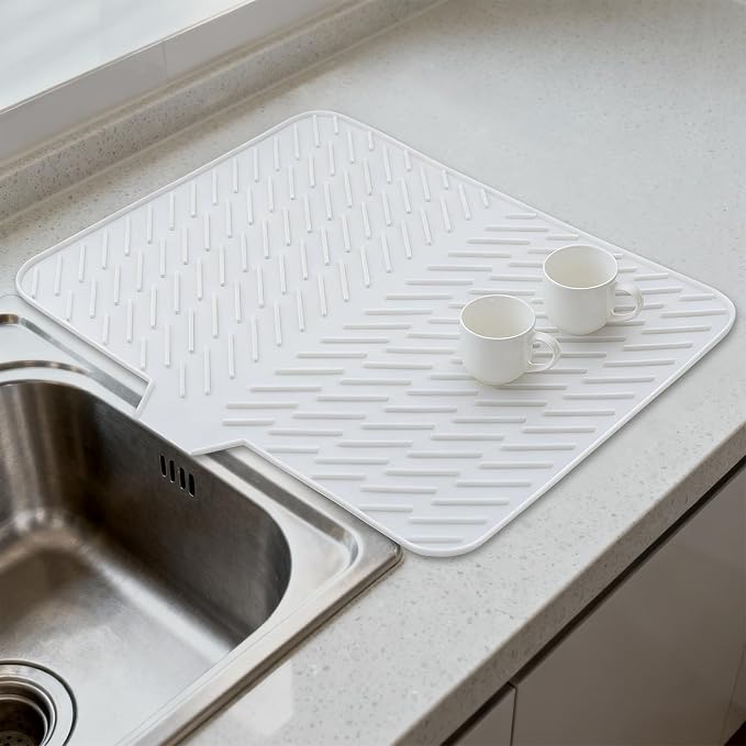 Silicone Dish Drying Mat for Kitchen Counter, White-1pcs, 23" x 17" | Heat Resistant & Non-Slip Dish Drain Pad with Built-In Drain, Dishwasher Safe, Quick-Dry, Hangable & Roll-Up for Storage