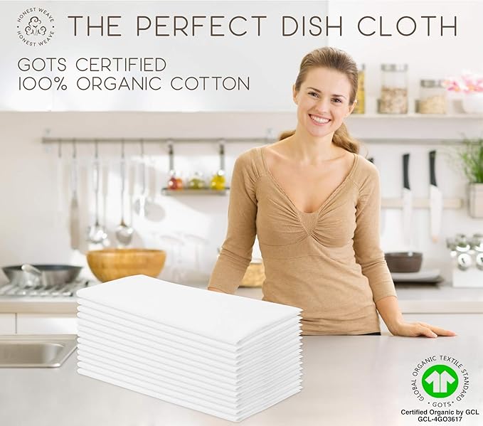 GOTS Certified 100% Organic Flour Sack Cotton Kitchen Hand and Dish Towel Sets - Extra Large 27x27 inches, Fully Hemmed, 12-Pack, White
