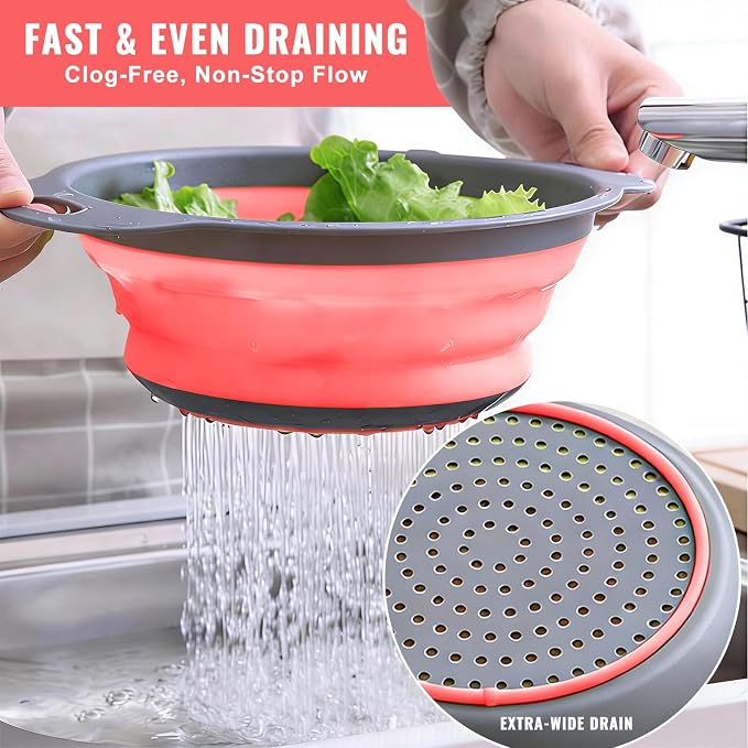 2 Pack Collapsible Silicone Colander with Handle, Over Sink Foldable Food Strainer, BPA-Free Space Saving Drain Basket for Vegetables, Fruits, Pasta, Kitchen & Camping (Red)