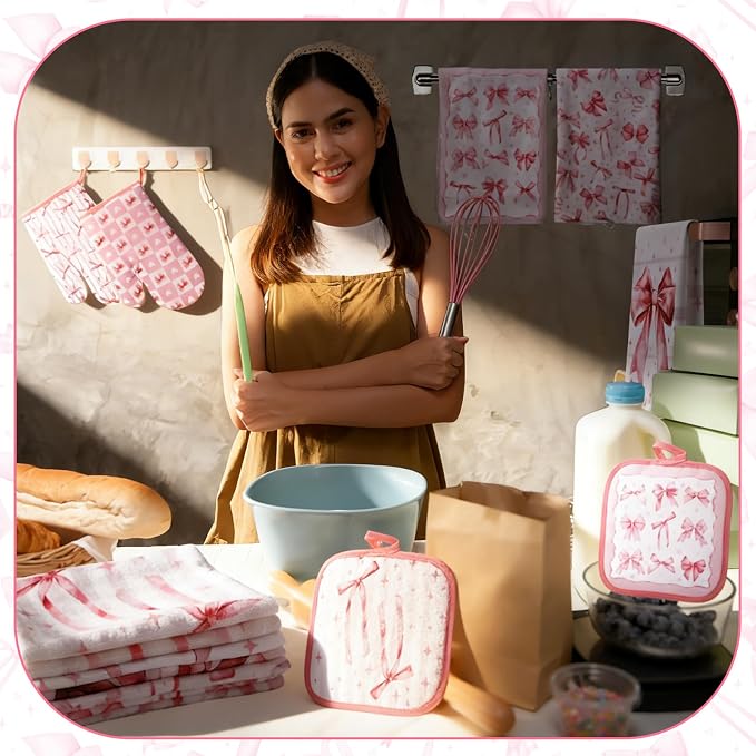 SiliFine 12 Pcs Pink Bow Kitchen Accessories Set Cute Bow Pot Holders Coquette Oven Mitts Pink Ribbon Kitchen Towels for Girly Home Decorations, Cooking Baking Housewarming Gifts