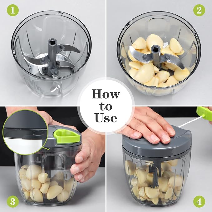 Cambom Manual Food Chopper Vegetable Cutter, Hand String Vegetable Chopper Onions Cutter for Vegetable Fruits Nuts BPA Free Food Safe Material, 900ml Grey