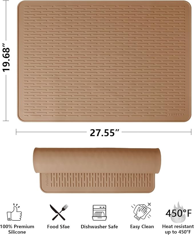 YUHFERA Stove Top Cover for Electric Stove - Silicone Stove Mat for Glass Top, Glass Cooktop Protector, XL Dish Drying Mats For Kitchen,Oven Covers for Electric Stove (Caramel,28 x 20)