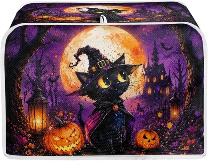 Witch Cat Print Toaster Dust Cover Pumpkin Print Bread Maker Machine Covers Anti Fingerprint Kitchen Small Appliance Cover for Halloween Decor