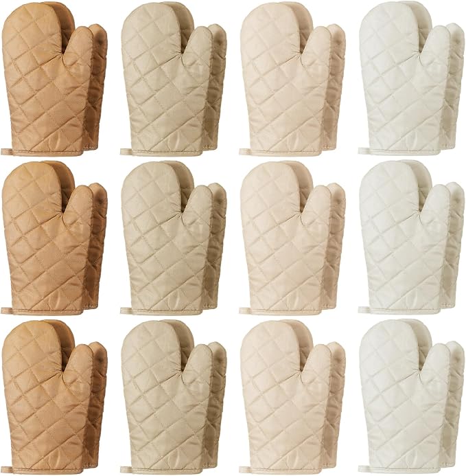 Geyoga 12 Pairs Oven Mitts Heat Resistant Kitchen Long Oven Gloves Mitts Thick Cotton Winter Quilted Baking Flexible Glove Bulk for Cooking BBQ Picnic Kitchen Grilling 10.6 Inch(Beige Coffee Color)
