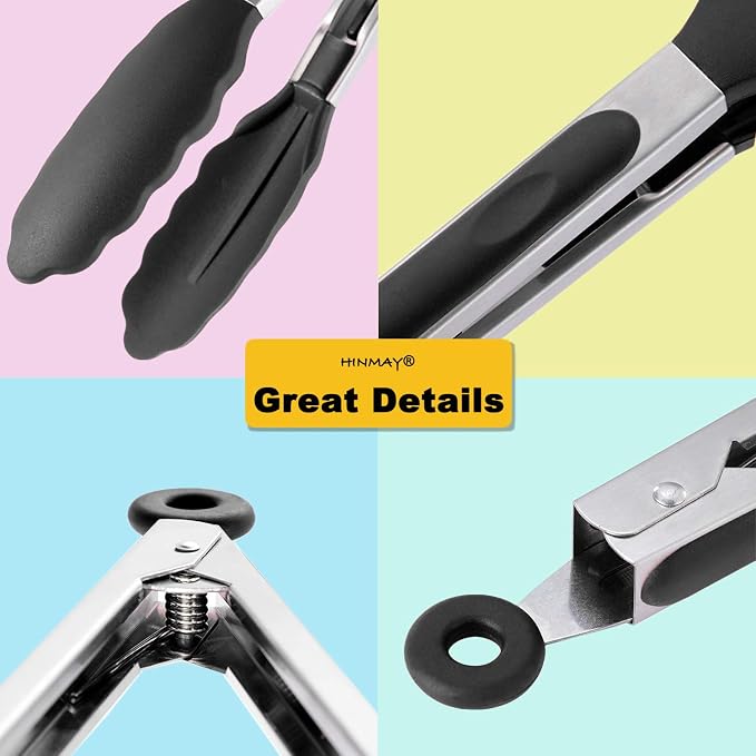 HINMAY Serving Tongs 9" Cooking Tongs with Silicone Tips, Set of 3 (Black)