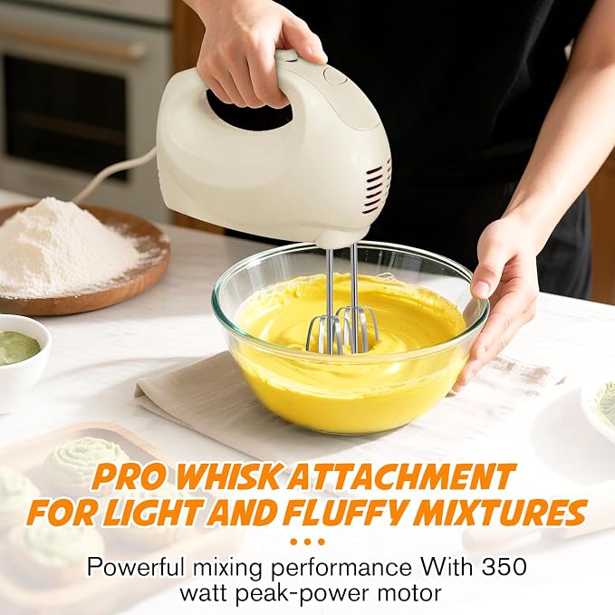 Showvigor Electric Hand Mixer with 5 Stainless Steel Whisks,5 Speed,Ivory | Portable Kitchen Mixer Electric Whisk, Food Beater for Whipping Mixing Cookies
