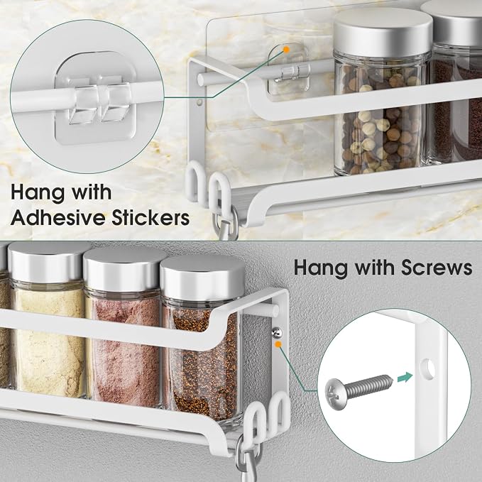 LUCYCAZ 2 Pack Wall Mounted Spice Rack for Spice Jars & Seasonings (White) | 8 Metal Hooks, Space-Saving,Screw or Adhesive Spice Shelf Hanging,for Kitchen Cabinet,Pantry Door,RV,Camper Spice Orgnaizer