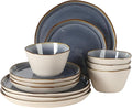 Gibson Elite Algeria River Plates and Bowls Sets, 12-Piece Stoneware Dinnerware Sets, Reactive Glaze Dish Set - Blue