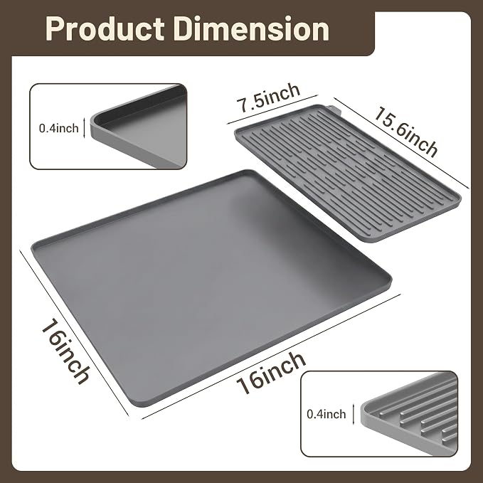 Silicone Coffee Mat for Countertop, 16x16 inch Heat Resistant Espresso Machine Mat, Non-Slip Coffee Bar Mat with Detachable Drying Area and Raised Edge, Waterproof Station Pad - Grey