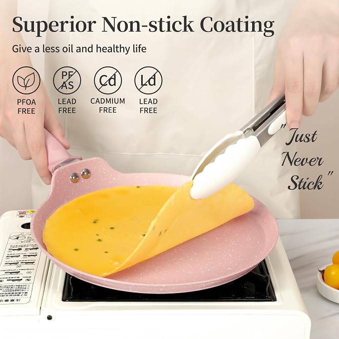 Innerwell 11 Inch Nonstick Crepe Pan,Granite Coated Pancake Pan-Pink | Granite nonstick coating, PFOA-free. Works on gas, electric, ceramic & induction. Easy-release & easy-clean.