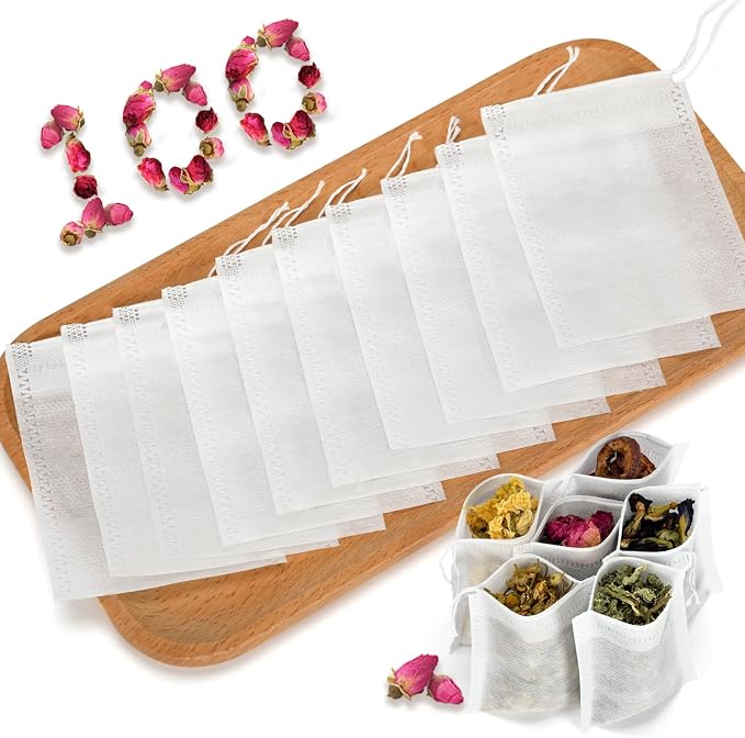 Empty Tea Bags for Loose Leaf Tea, 100Pcs Disposable Tea Infuser Sachets | Fillable Tea Filter Bags with Cotton Drawstring(3.54"X 2.75"), Widely Used for Stewing or Brewing Tea, Coffee, Herb, Spice