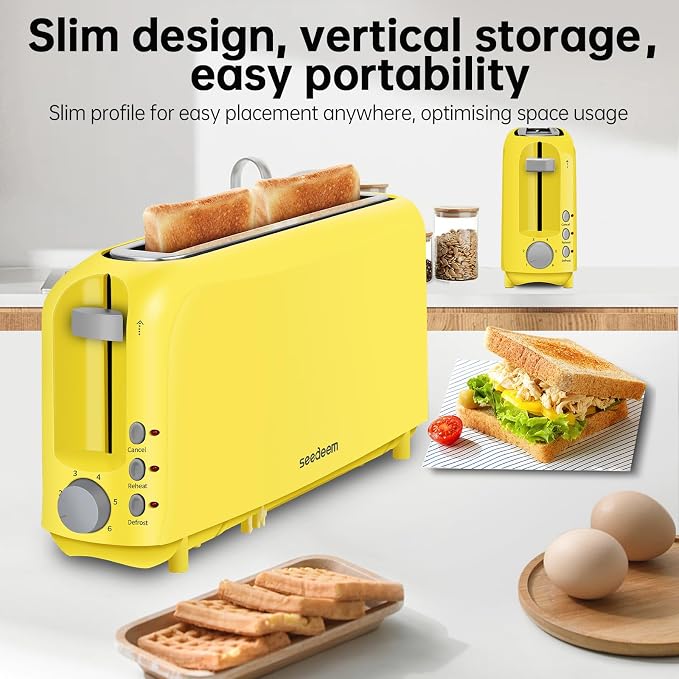 SEEDEEM 2 Slice Slim Toaster, 10" Long Slot, 6 Shade Settings, Yellow | Long Slot, 6 Shade Settings, Cancel/Reheat/Defrost, Removable Crumb Tray