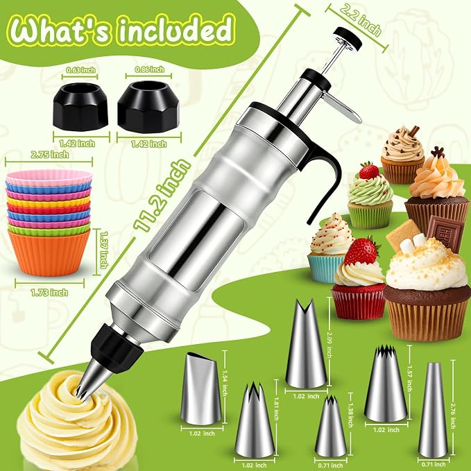 FANTEXY Dessert Decorating Syringe Set, Stainless Steel Icing Piping Kit | Cake Decorating Tools, 6 Piping Icing Nozzles, Cupcake Decorating Kit