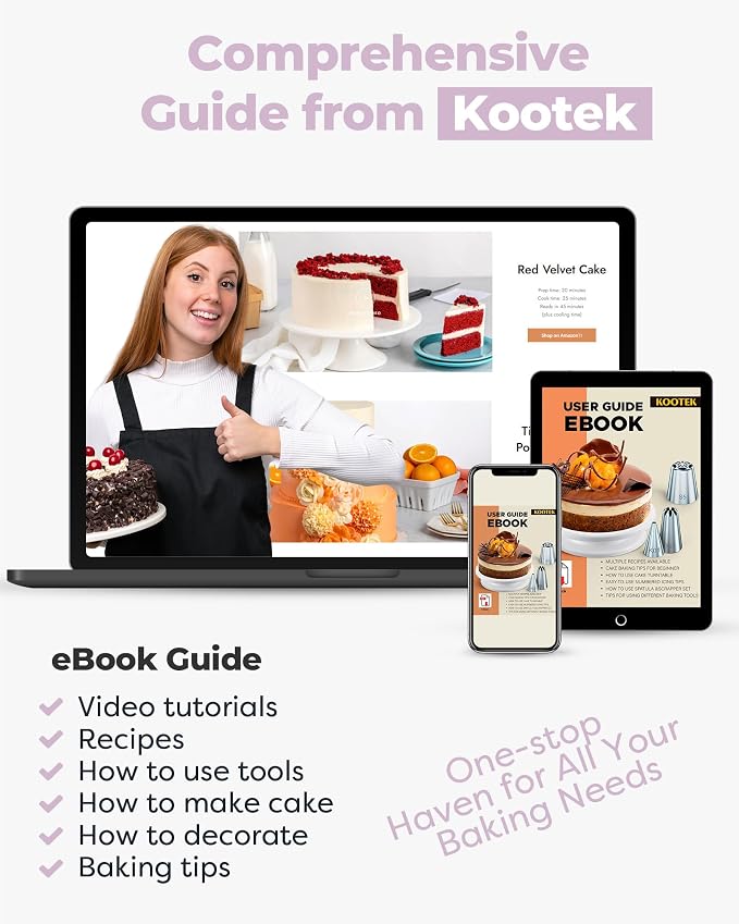 Kootek 71 Cake Decorating Kit Baking Supplies Tools for Beginners & Pros | Cake Stand Turntable, Icing Piping Tips, Disposable Reusable Pastry Bag, Spatulas, Video Tutorial, Pattern Chart