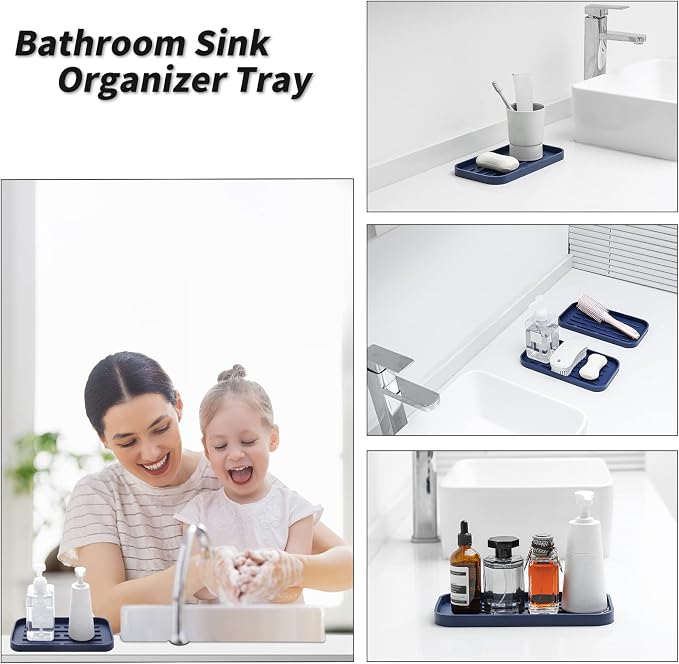 MicoYang Silicone Kitchen Sink Organizer Tray for Multiple Usage,Eco-Friendly Sponges Holder for Kitchen Bathroom Counter or Sink,Dish Soap Dispenser,Scrubber,Bottle,Cup (Navy Blue, 10"×5.3")
