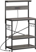 SUPERJARE Bakers Rack with Power Outlets, Microwave Stand, 31.5 X 16.5 Inch Larger Desktop, Kitchen Storage Rack with Adjustable Middle Shelf, 6 S-Shaped Hooks, Coffee Bar Stand, Grey