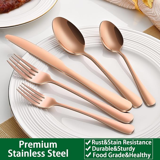 Rose Gold 30-Piece Flatware Sets Service For 6,Pink Silverware Set Includes Knife Spoon And Forks Eating Utensils Sets For Kitchen,Metal Cutlery Set Tableware Sets