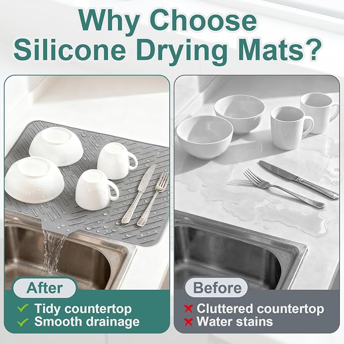 Silicone Dish Drying Mat for Kitchen Counter, 23" x 17" Grey-1pcs | Heat Resistant & Non-Slip Dish Drain Pad with Built-In Drain, Quick-Dry, Hangable & Roll-Up for Storage，Multi-Functional Use