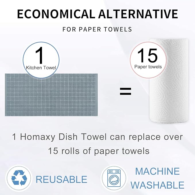 Homaxy Kitchen Towels and Dishcloths Set, Set of 8, Grey | Bulk Cotton Terry Kitchen Towels, Checkered Designed, Soft and Super Absorbent Dish Towels, 12 x 12 and 13 x 28 Inches