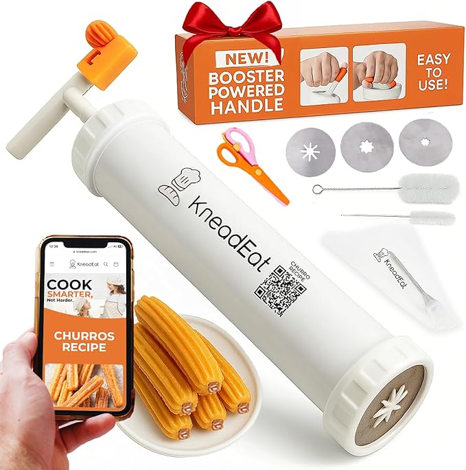 Churro Maker Kit, Booster-Powered Handle, Filler Needle, 3 Nozzles | QR recipe guide, 304 stainless steel nozzle, homemade filled churros, sweet fillings, easy shaping, family cooking activity