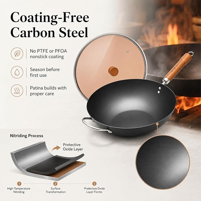 WANGYUANJI Carbon Steel Wok Pan, 13.4" Woks & Stir-Fry Pans with Glass Lid No Chemical Coated Flat Bottom Iron Wok for Induction, Electric, Gas, Halogen All Stoves | Uncoated Stir Fry Pan with Wooden Handle for Gas, Electric, Induction, Ceramic & Halog...