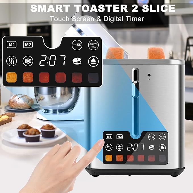 Touch Screen Toaster 2 Slice, Bagel Toaster with LCD Display, Stainless Steel Smart Digital Toasters with +15s Boost,Dual Memory Functions,Toasters with 6 Shade Settings & Extra-Wide Slots,900W