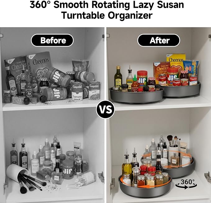 2PCS 9.8" Black Metal Lazy Susan Turntable Organizer | Non-Slip, Easy to Wipe, 360° Rotating Spinning Tray, For Cabinet, Pantry, Table Top, Fridge, Bathroom Vanity, Kitchen Decor