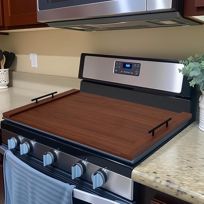 Walnut Noodle Board Stove Cover 30x22 Inch with Handles, Wood Stove Top Cover for Electric and Gas Stovetop, Wooden Kitchen Sink Cover, Decorative Serving Tray