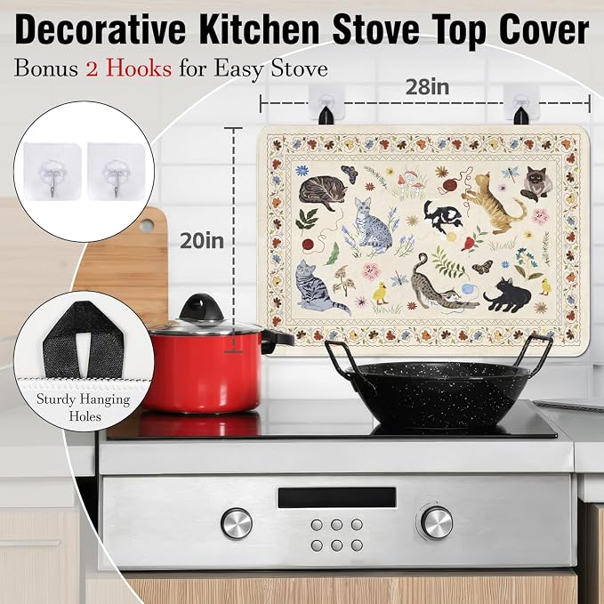 Boho Glass Stove Top Cover for Electric Stoves,Flower Floral Animal Cat Farmhouse Stove Top Cover for Kitchen Decor,Heat Resistant Cooktop Protector Mat,Non-Slip Washable Dish Drying Mat 28"x20"